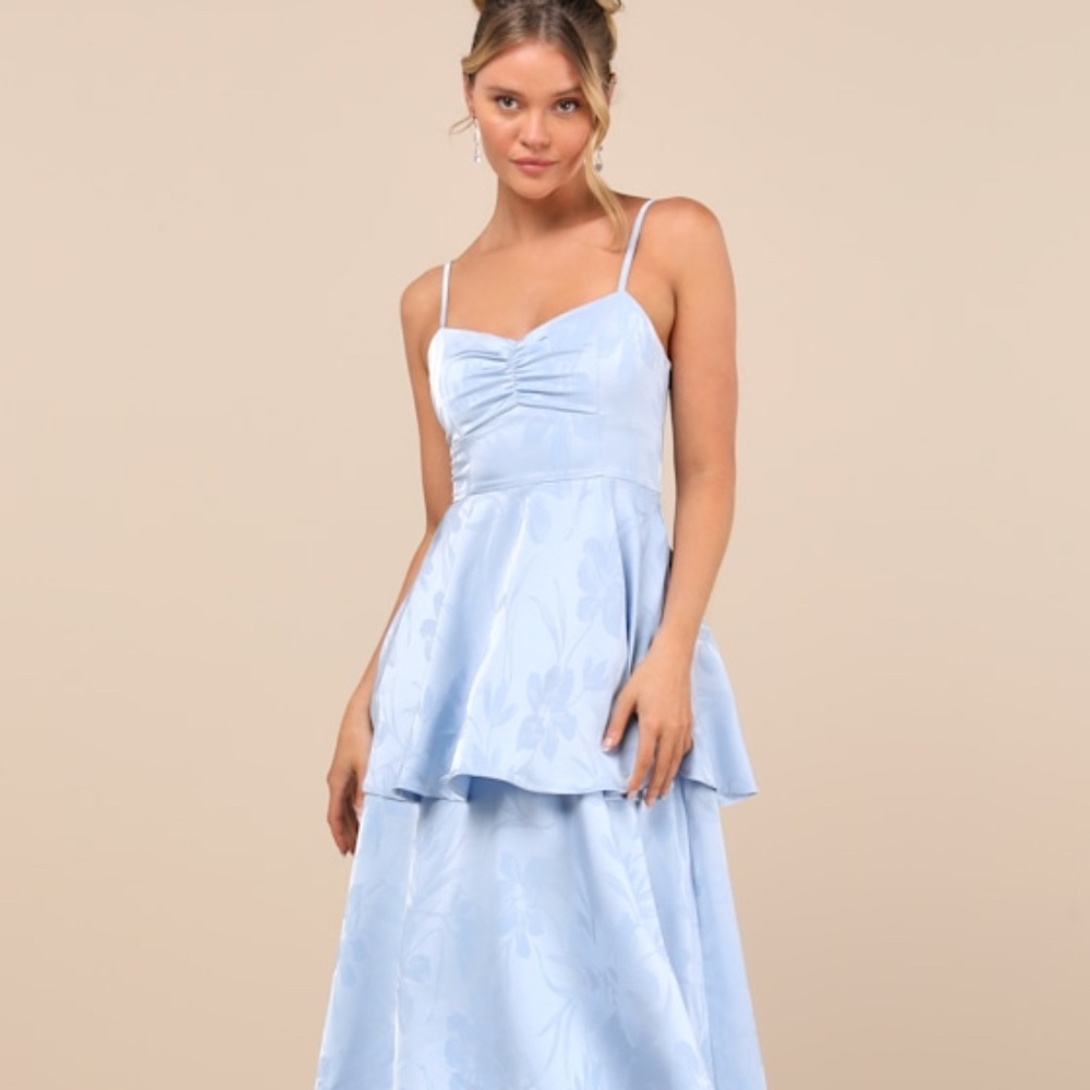 Lulus Prigette Light Blue Jacquard Tiered Maxi Dress - Size XL